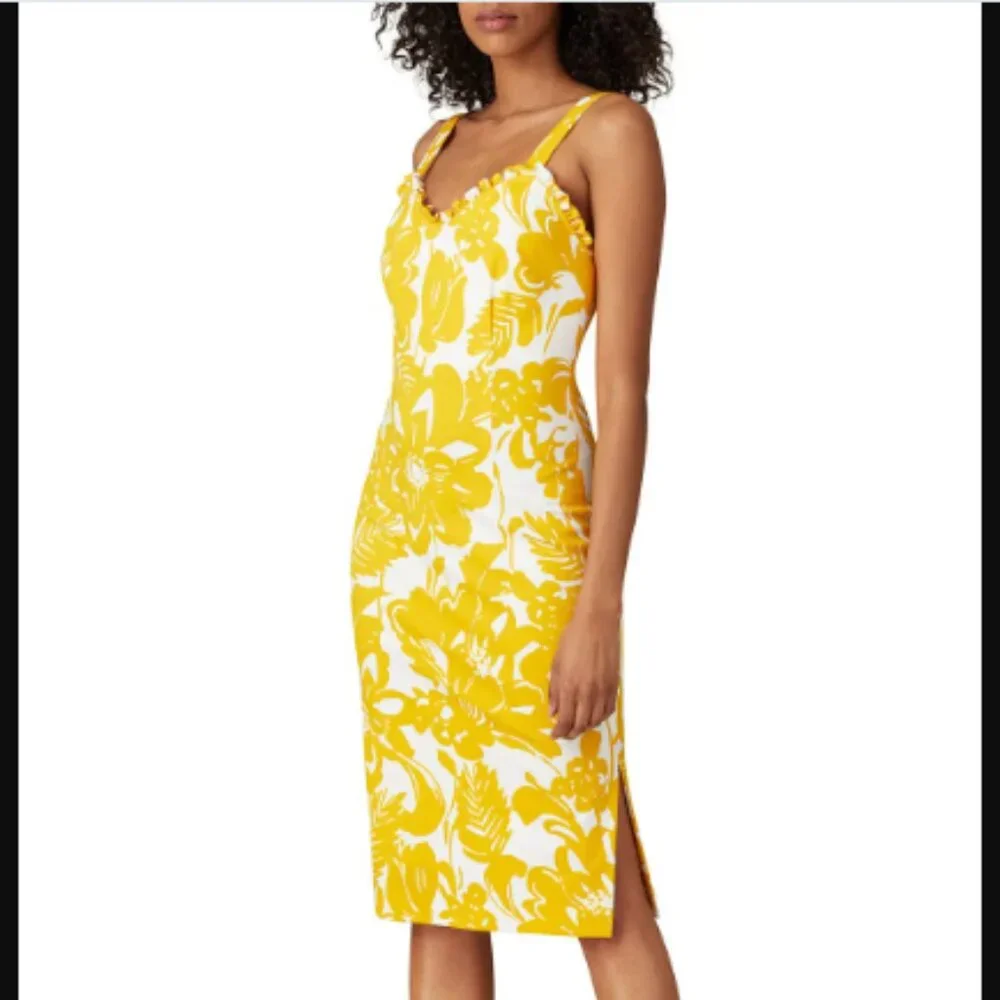 NWT Trina Turk Zile Dress Yellow Floral Size 12 Ruffle Sheath Sleeveless Midi - Picture 2 of 12